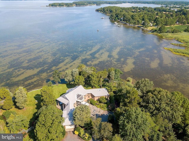 drone / aerial view featuring a water view