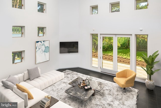 living room with a towering ceiling