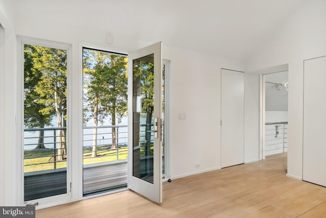 doorway to outside featuring lofted ceiling, a healthy amount of sunlight, and light wood-type flooring