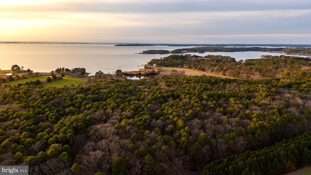 aerial view at dusk with a water view