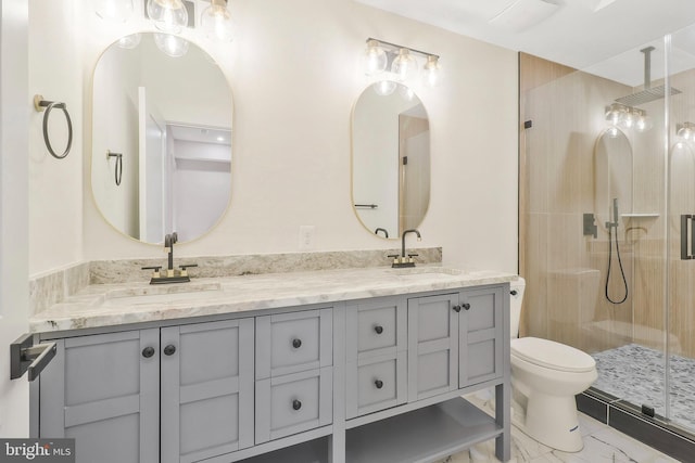 bathroom with vanity, a shower with shower door, and toilet