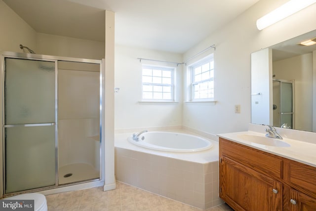 full bathroom with independent shower and bath, vanity, and toilet