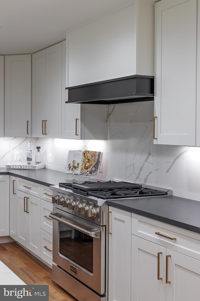 kitchen with tasteful backsplash, white cabinetry, and high end stainless steel range oven