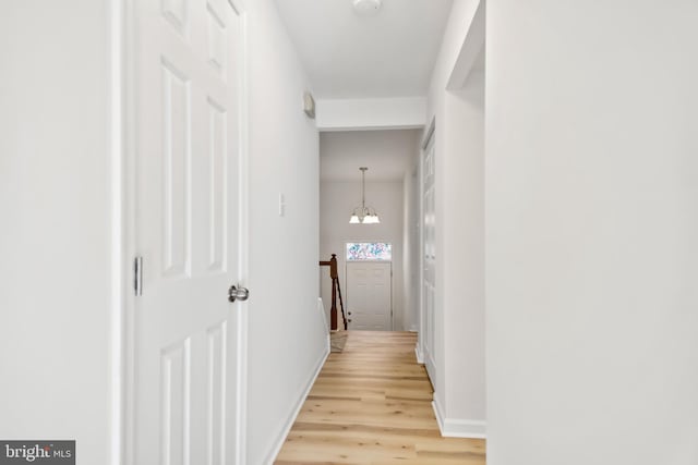 hall featuring an inviting chandelier and light hardwood / wood-style floors