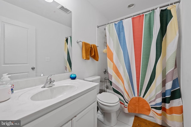 bathroom with toilet, tile patterned flooring, curtained shower, and vanity