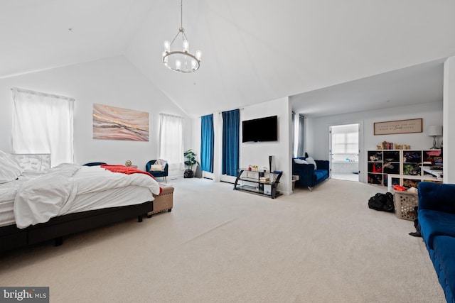 bedroom featuring lofted ceiling, an inviting chandelier, and carpet