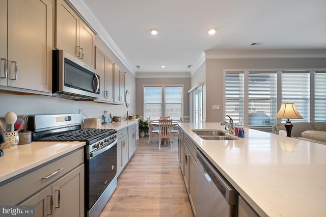 kitchen with light hardwood / wood-style flooring, sink, stainless steel appliances, and ornamental molding