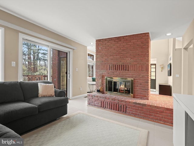 tiled living room featuring a fireplace