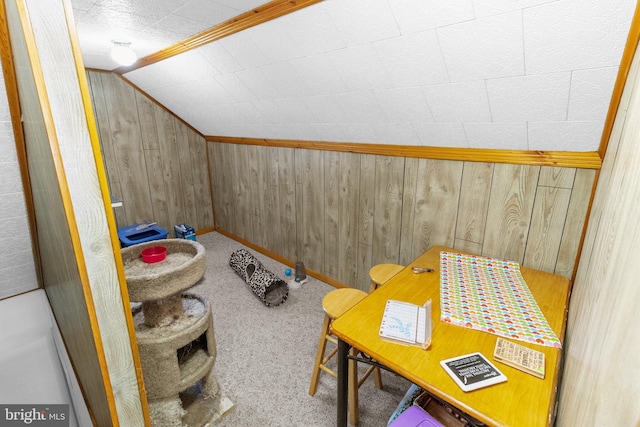 additional living space with lofted ceiling, wood walls, and carpet