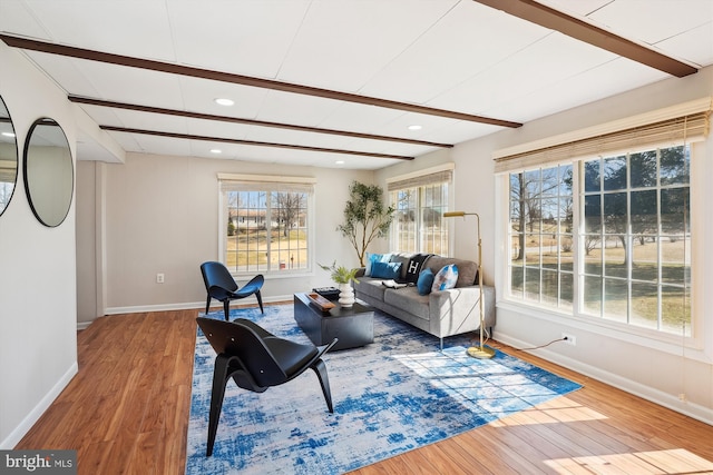 living area featuring recessed lighting, wood finished floors, and baseboards