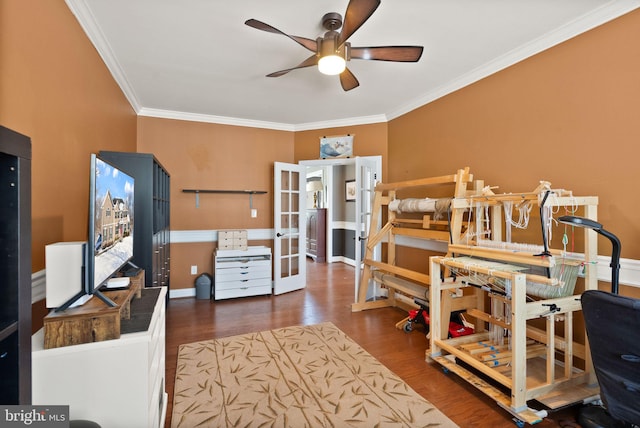 office space featuring ceiling fan, dark hardwood / wood-style flooring, and ornamental molding