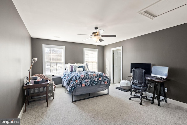 bedroom featuring carpet flooring and ceiling fan