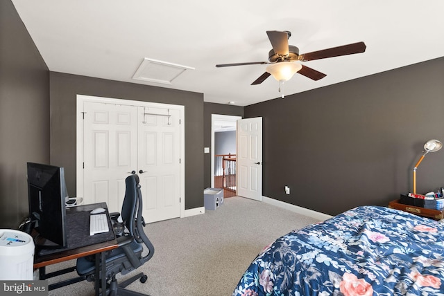 bedroom featuring carpet, a closet, and ceiling fan