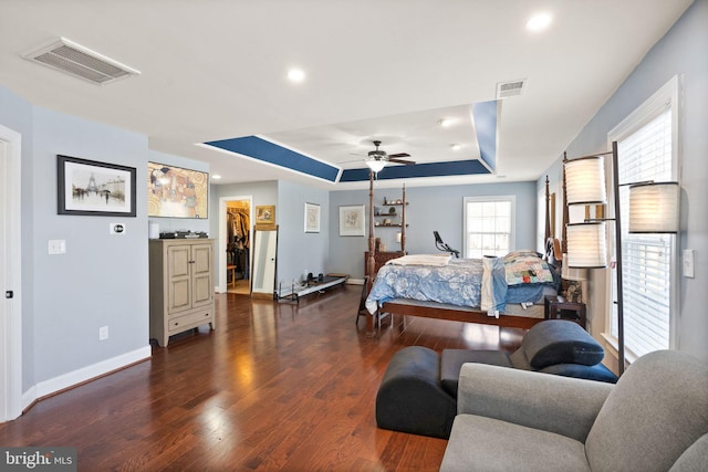 bedroom featuring a spacious closet, ceiling fan, a raised ceiling, dark hardwood / wood-style floors, and a closet