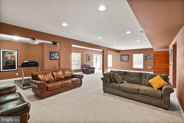 living room featuring light colored carpet