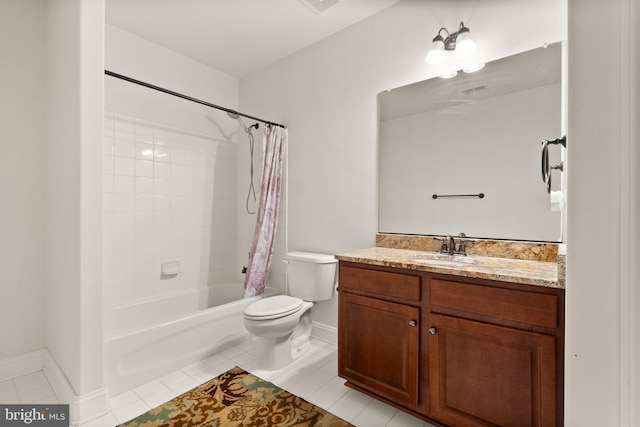 full bathroom featuring tile patterned floors, vanity, shower / tub combo, and toilet