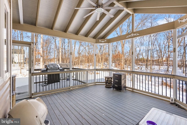 snow covered deck with ceiling fan