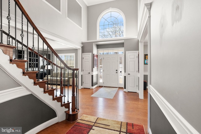 entrance foyer featuring wood-type flooring and a towering ceiling