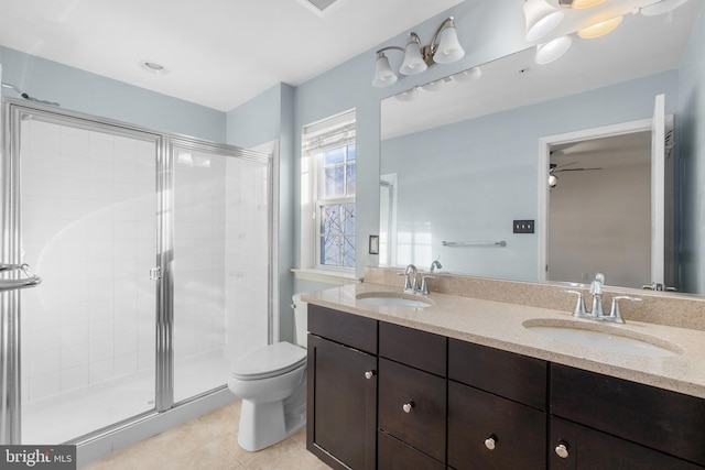 bathroom with tile patterned flooring, vanity, toilet, and a shower with door