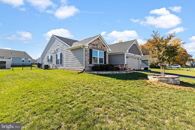 view of property exterior with a lawn, a garage, and central air condition unit