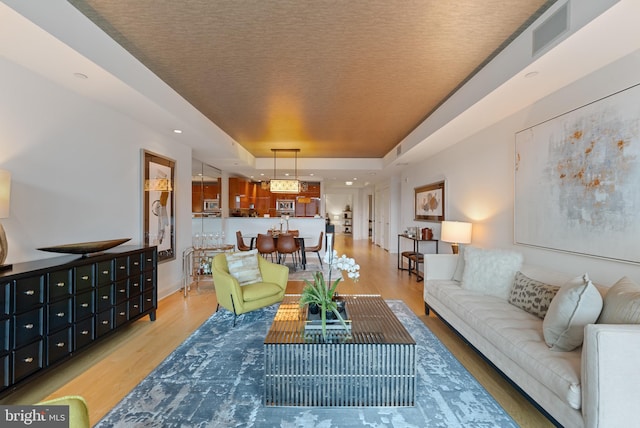 living room featuring wood-type flooring and a tray ceiling