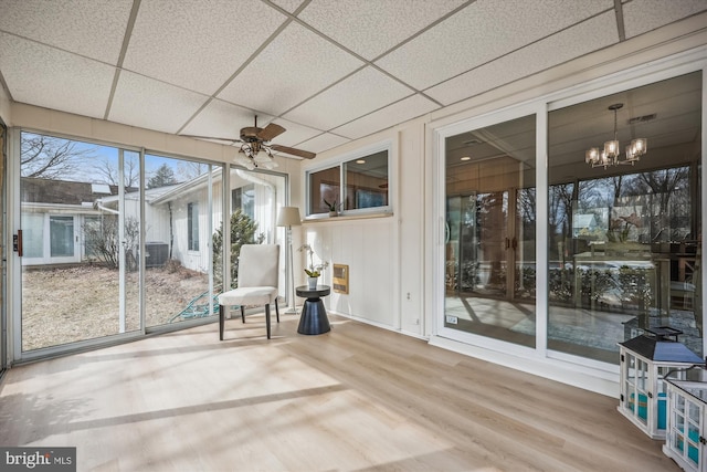 unfurnished sunroom with a drop ceiling and ceiling fan with notable chandelier