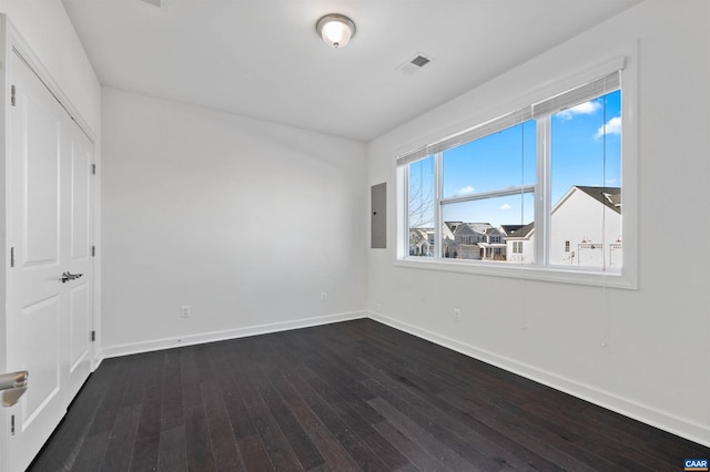 unfurnished bedroom featuring electric panel and dark wood-type flooring