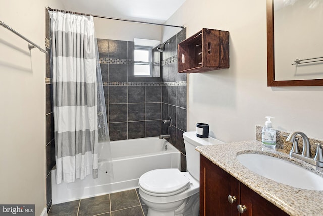 bathroom with toilet, shower / tub combo, vanity, and tile patterned floors