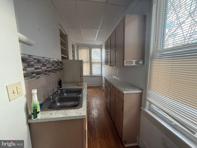 kitchen featuring decorative backsplash, white refrigerator, dark wood-type flooring, and sink