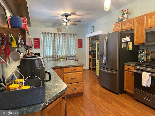 kitchen with ceiling fan, stainless steel appliances, and light hardwood / wood-style floors