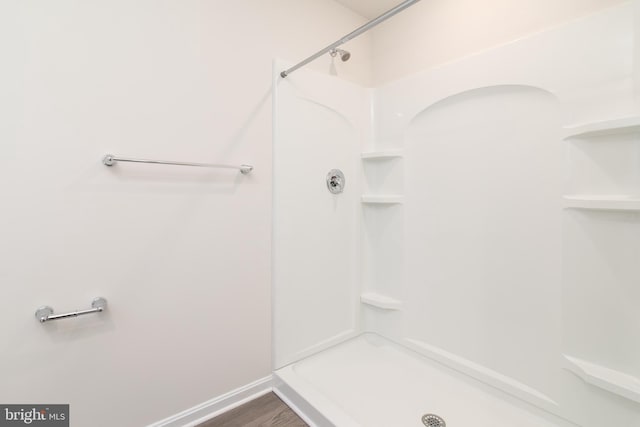 bathroom with a shower and wood-type flooring