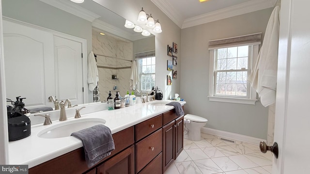 bathroom with a tile shower, crown molding, vanity, and toilet