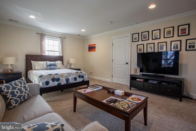 bedroom featuring carpet flooring and crown molding