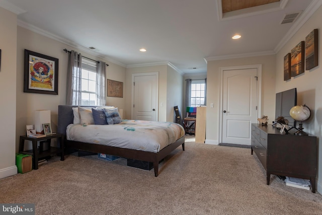 bedroom featuring crown molding and light colored carpet