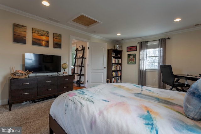 bedroom featuring carpet and crown molding