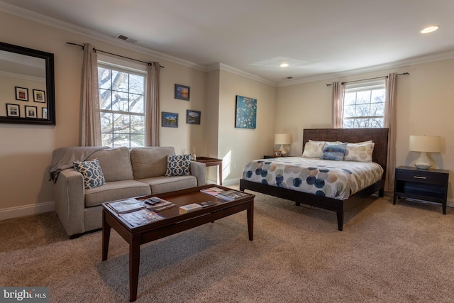 bedroom featuring carpet flooring, multiple windows, and crown molding