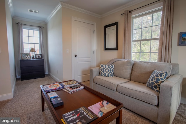 living room featuring light carpet and ornamental molding