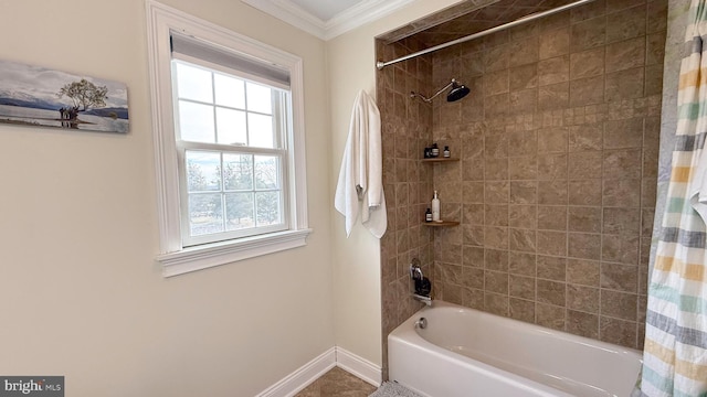 bathroom featuring shower / bathtub combination with curtain, crown molding, and a healthy amount of sunlight