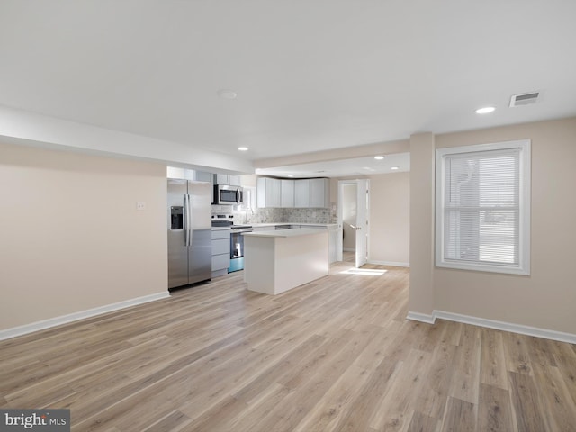 kitchen with backsplash, light hardwood / wood-style flooring, a kitchen island, and stainless steel appliances