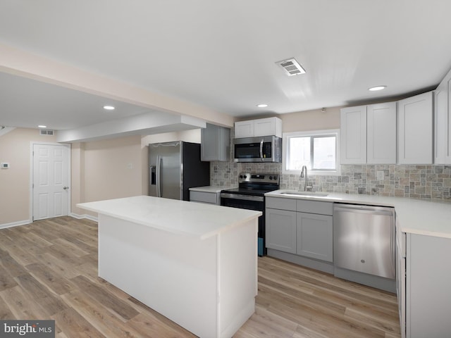 kitchen with a center island, sink, appliances with stainless steel finishes, tasteful backsplash, and light hardwood / wood-style floors