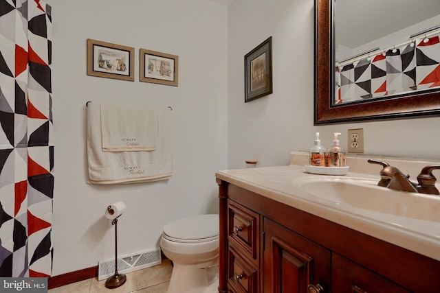 bathroom with toilet, tile patterned flooring, and vanity