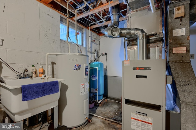 utility room featuring electric water heater and sink