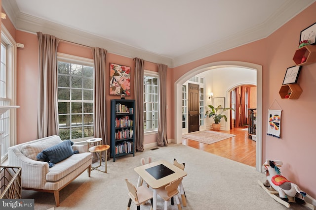 living area with light colored carpet and ornamental molding