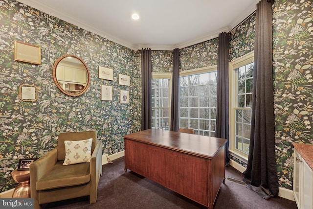 office area featuring dark colored carpet and ornamental molding