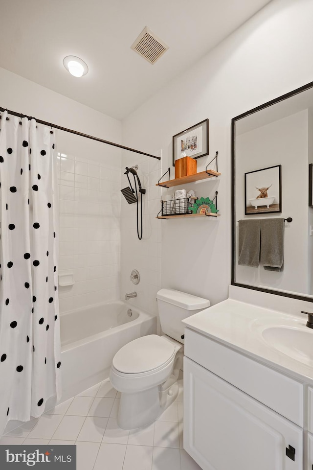 full bathroom with shower / bathtub combination with curtain, vanity, tile patterned flooring, and toilet