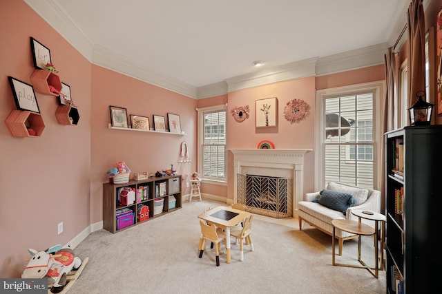 living area featuring ornamental molding and carpet floors