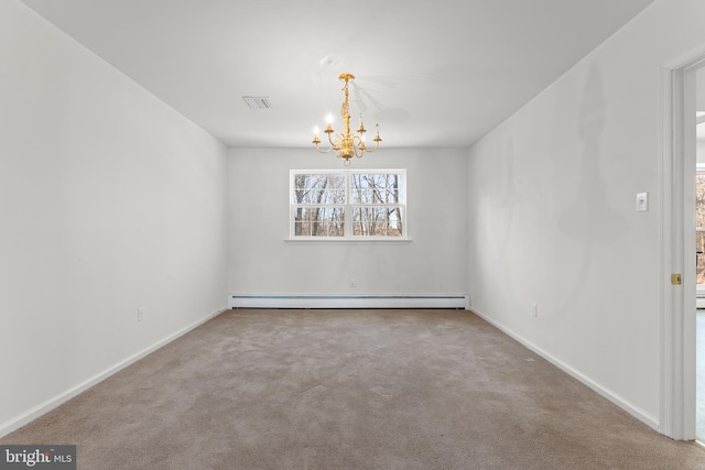 empty room with a baseboard heating unit, an inviting chandelier, and carpet