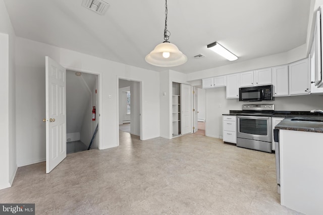 kitchen featuring electric range, white cabinetry, decorative light fixtures, and sink