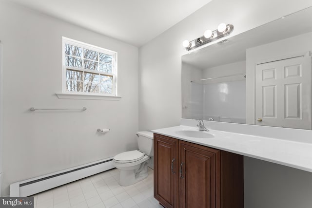 bathroom with vanity, a shower, a baseboard radiator, and toilet