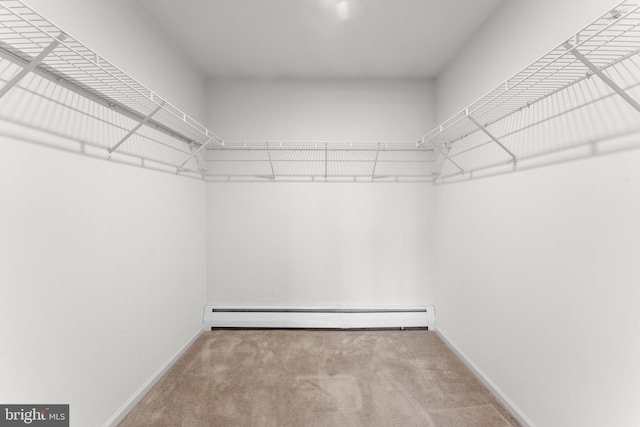 spacious closet featuring a baseboard radiator and carpet flooring